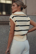 Load image into Gallery viewer, Brown Stripe Zipped Collar Cap Sleeve Knit Top - Fashion Queen -  5
