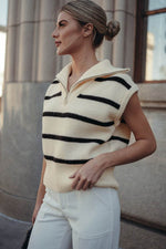Load image into Gallery viewer, Brown Stripe Zipped Collar Cap Sleeve Knit Top - Fashion Queen -  6
