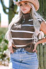 Load image into Gallery viewer, Brown Stripe Zipped Collar Cap Sleeve Knit Top - Fashion Queen -  7
