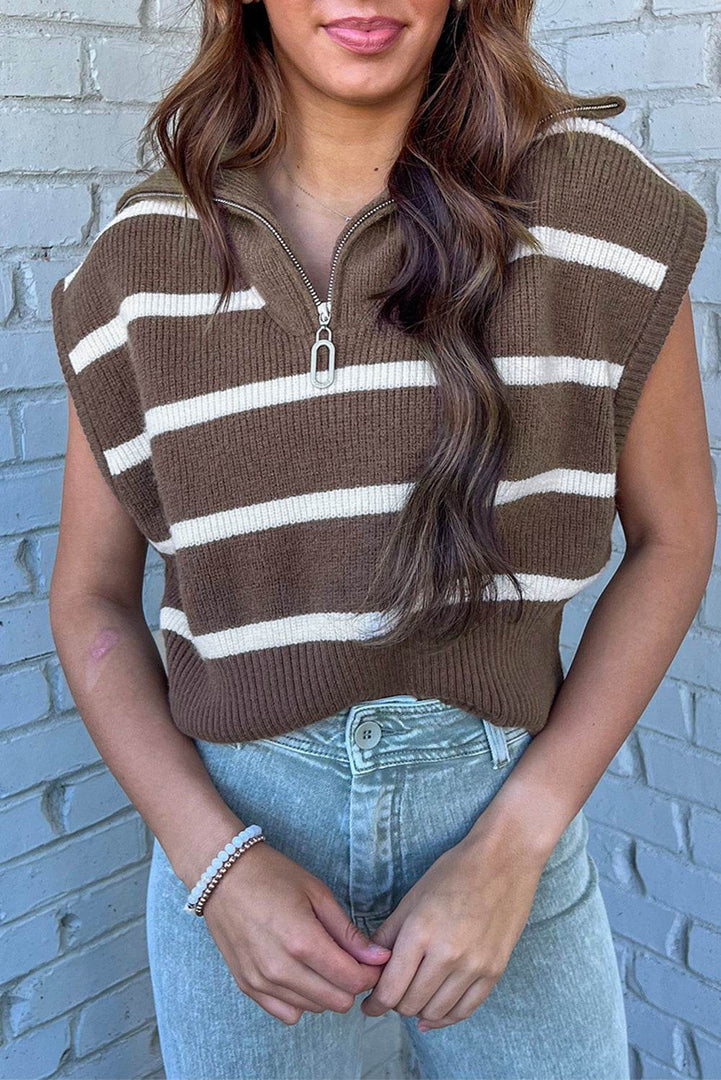 Brown Stripe Zipped Collar Cap Sleeve Knit Top - Fashion Queen -  9