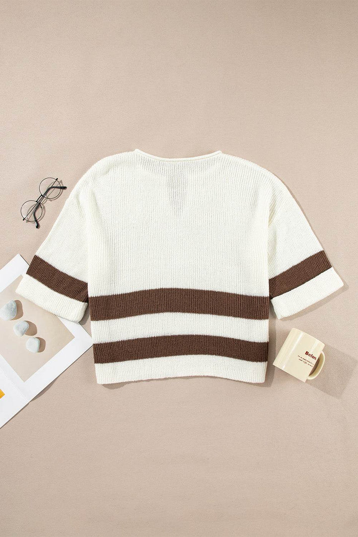 Brown Striped Accent Notched V Neck Cropped Sweater T Shirt - Fashion Queen -  11