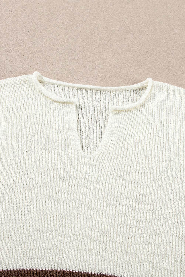 Brown Striped Accent Notched V Neck Cropped Sweater T Shirt - Fashion Queen -  12