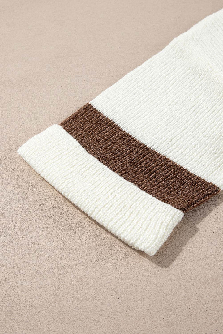 Brown Striped Accent Notched V Neck Cropped Sweater T Shirt - Fashion Queen -  13