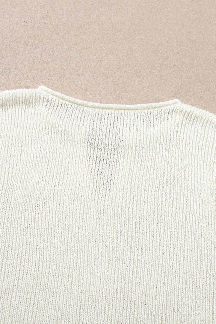 Brown Striped Accent Notched V Neck Cropped Sweater T Shirt - Fashion Queen -  14