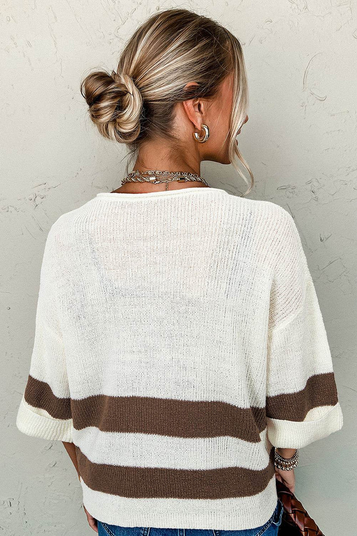 Brown Striped Accent Notched V Neck Cropped Sweater T Shirt - Fashion Queen -  2