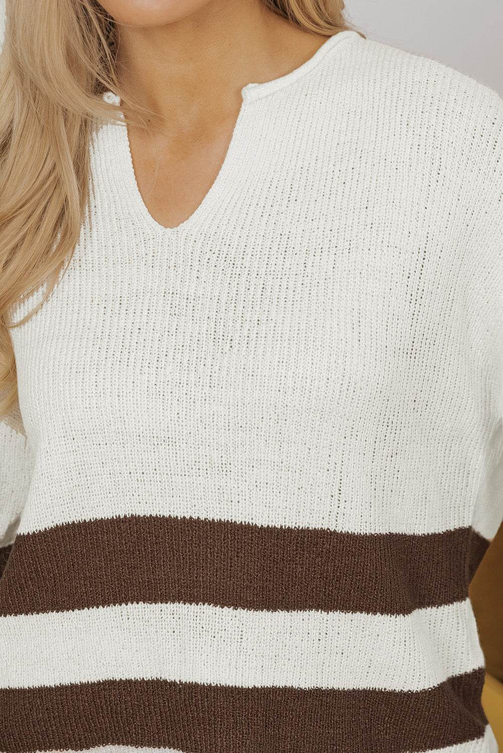 Brown Striped Accent Notched V Neck Cropped Sweater T Shirt - Fashion Queen -  9