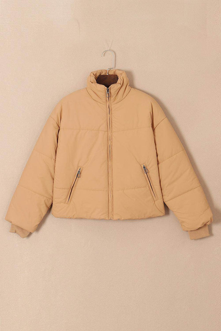 Brown Zip Up Pocketed Puffer Jacket - Fashion Queen -  5
