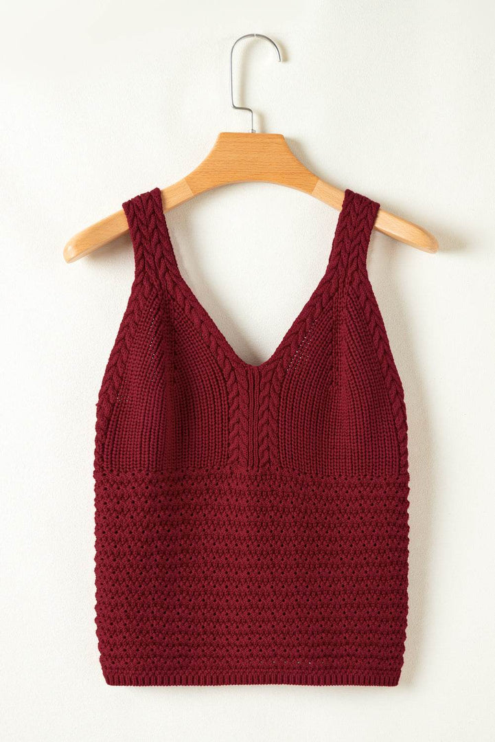 Burgundy Cable Knit Pointelle Slim Fit V Neck Sweater Vest - Fashion Queen -  6