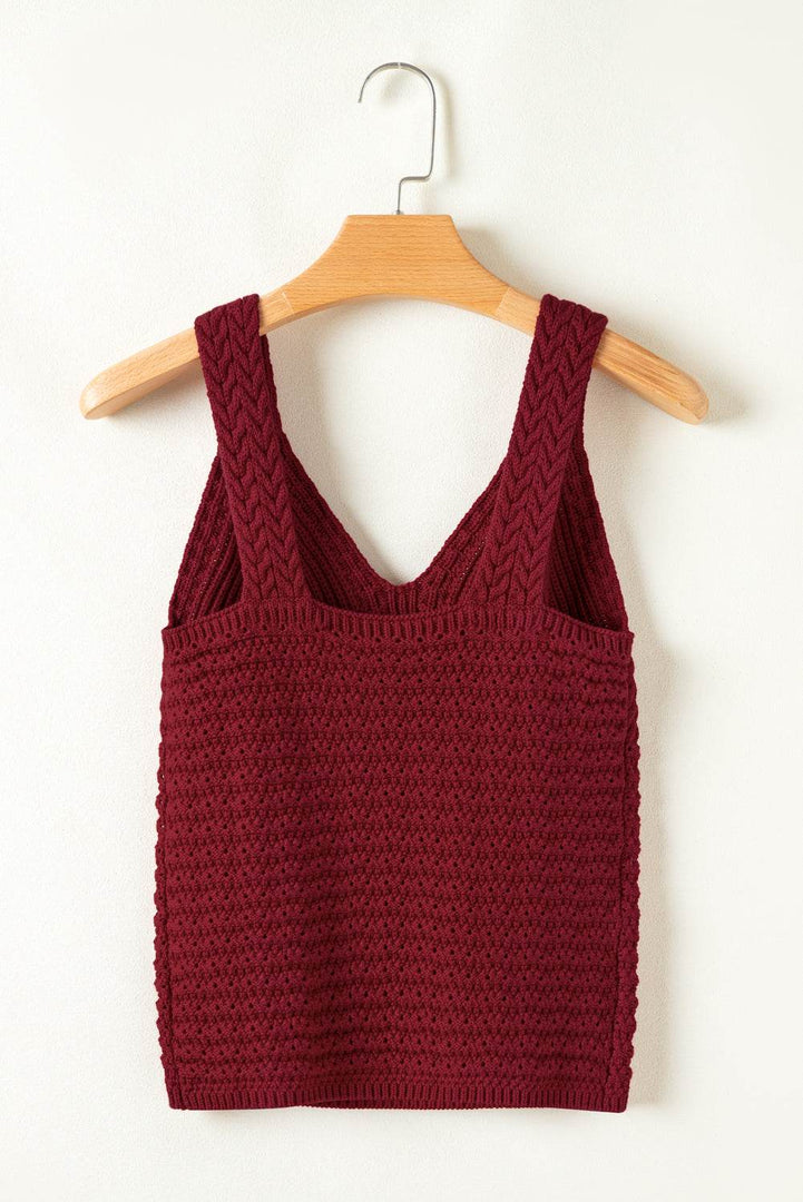 Burgundy Cable Knit Pointelle Slim Fit V Neck Sweater Vest - Fashion Queen -  7