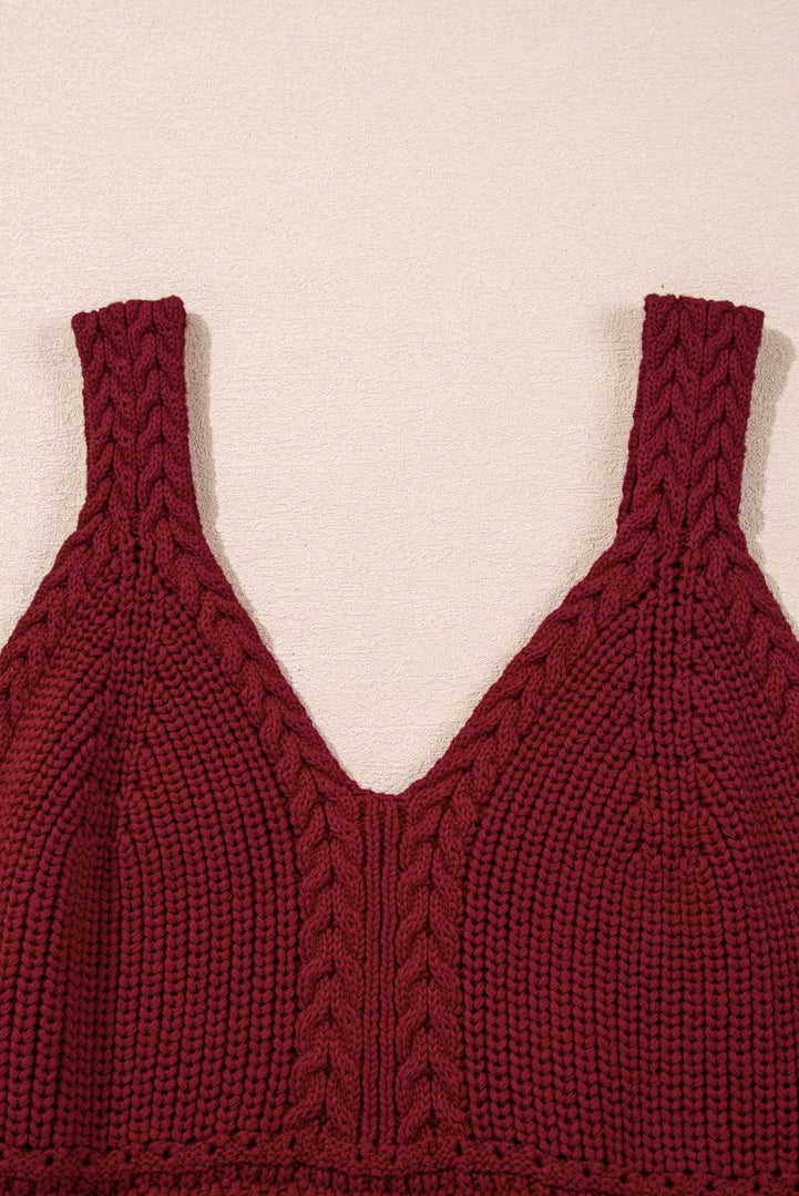 Burgundy Cable Knit Pointelle Slim Fit V Neck Sweater Vest - Fashion Queen -  8