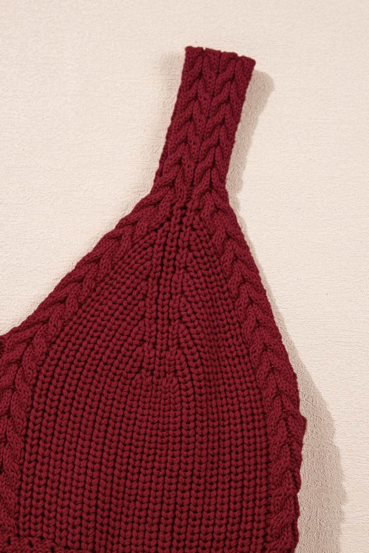 Burgundy Cable Knit Pointelle Slim Fit V Neck Sweater Vest - Fashion Queen -  9