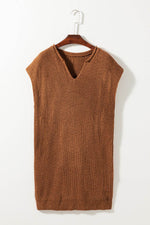 Load image into Gallery viewer, Camel Solid Color Short Sleeve Notched V Neck Sweater Dress - Fashion Queen -  3
