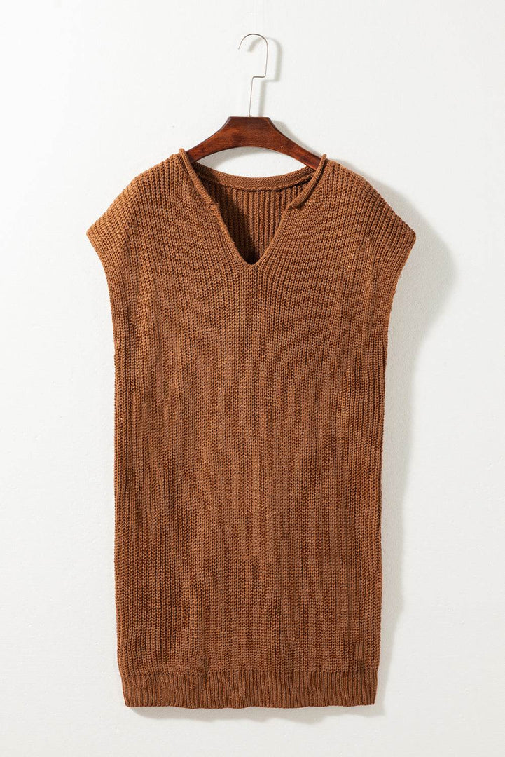 Camel Solid Color Short Sleeve Notched V Neck Sweater Dress - Fashion Queen -  3