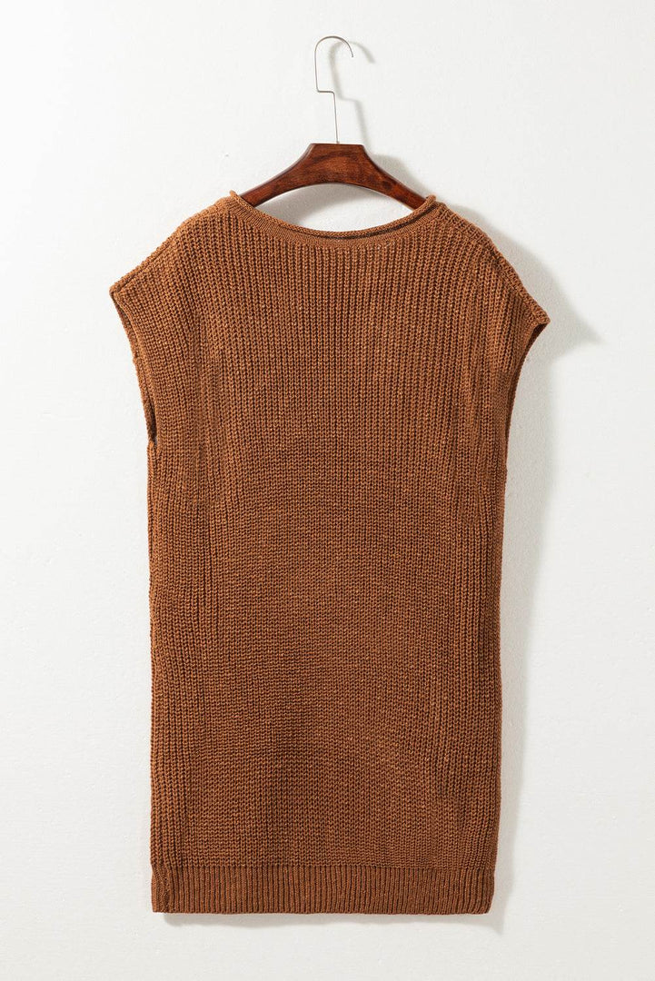 Camel Solid Color Short Sleeve Notched V Neck Sweater Dress - Fashion Queen -  4