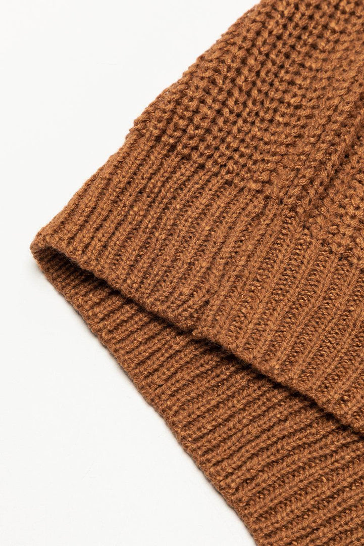 Camel Solid Color Short Sleeve Notched V Neck Sweater Dress - Fashion Queen -  7