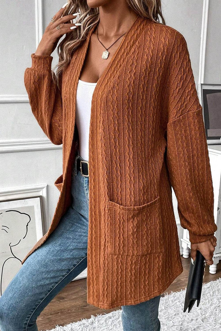 Canton Textured Knit Side Pockets Open Front Cardigan - Fashion Queen -  25