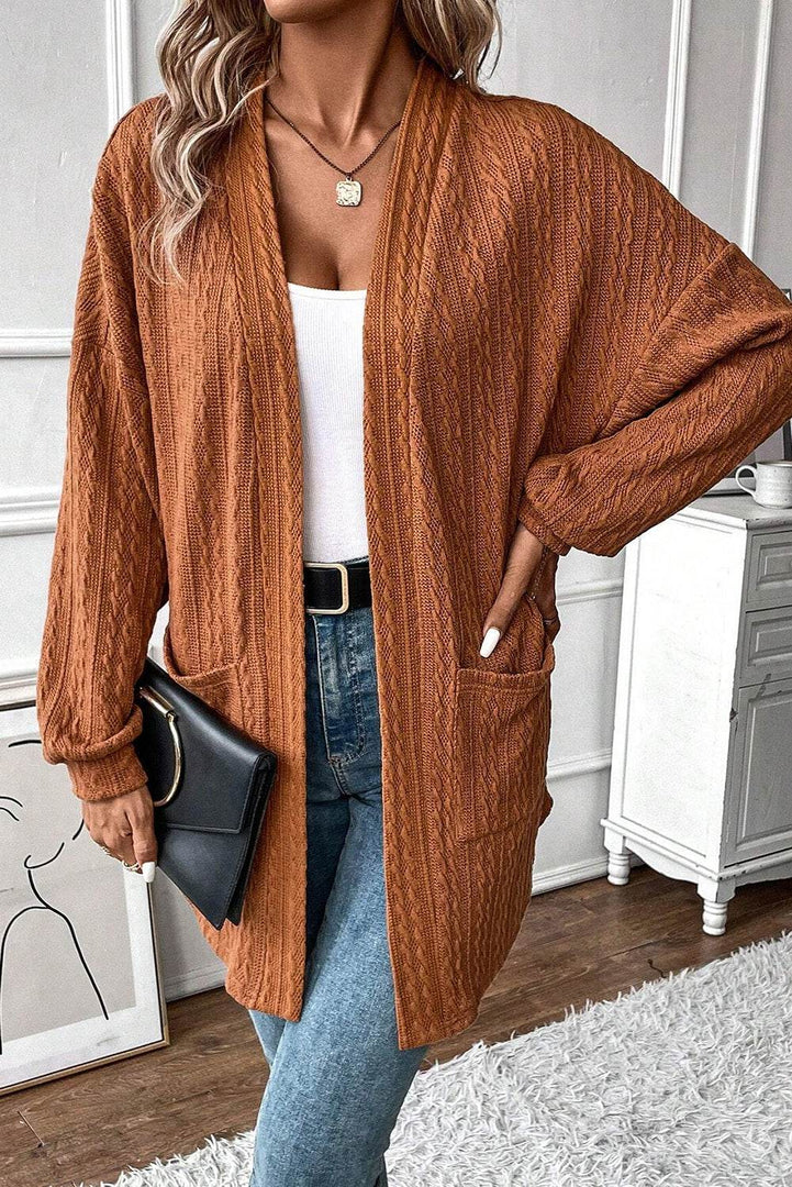 Canton Textured Knit Side Pockets Open Front Cardigan - Fashion Queen -  26