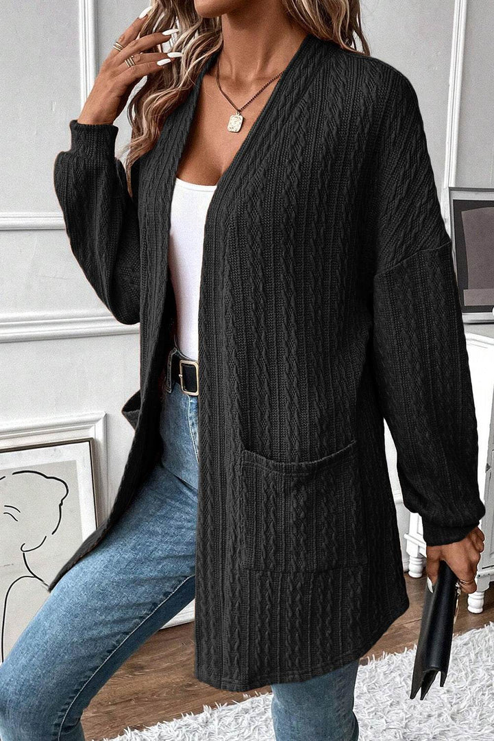 Canton Textured Knit Side Pockets Open Front Cardigan - Fashion Queen -  6