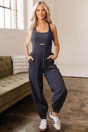 Carbon Grey Back Crossed Straps Hollow Out Jogger Jumpsuit - Fashion Queen -  1