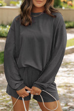 Load image into Gallery viewer, Carbon Grey Corded Knit Long Sleeve Top and High Waist Shorts Set - Fashion Queen -  1
