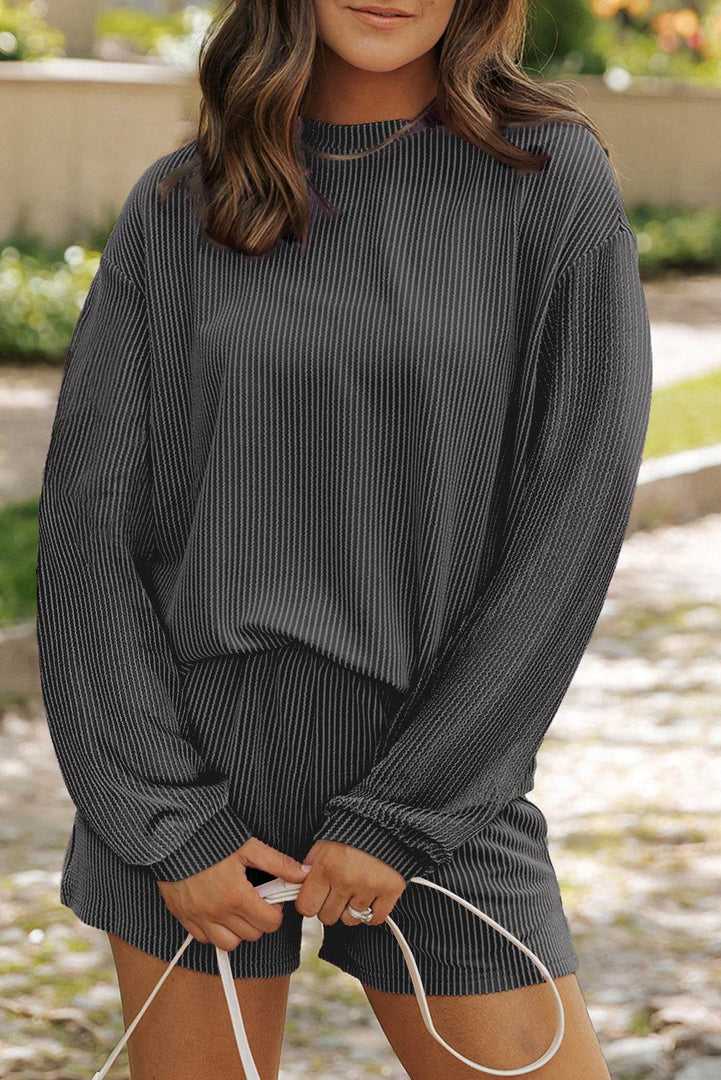 Carbon Grey Corded Knit Long Sleeve Top and High Waist Shorts Set - Fashion Queen -  1
