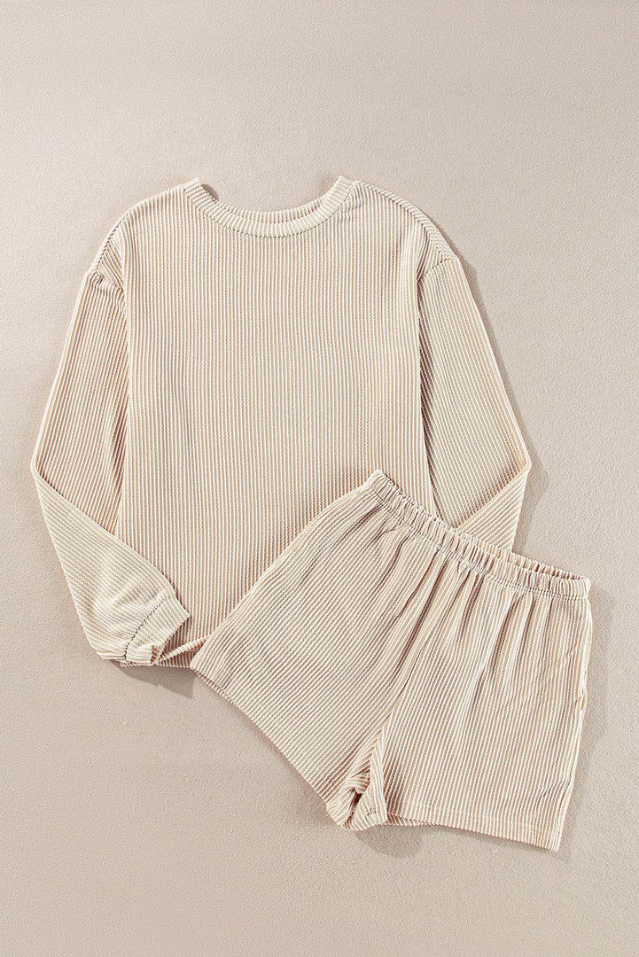 Carbon Grey Corded Knit Long Sleeve Top and High Waist Shorts Set - Fashion Queen -  12