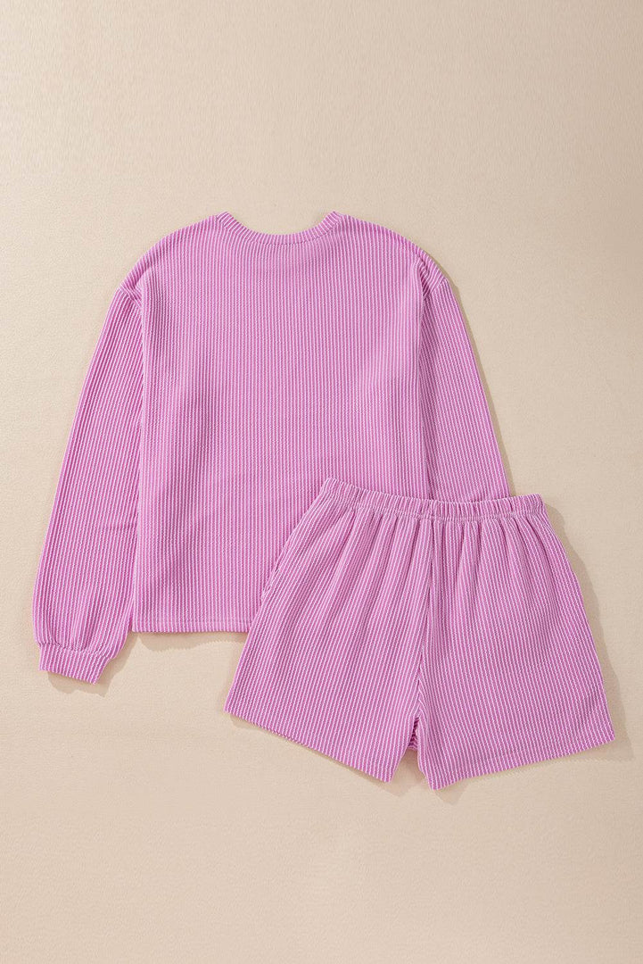 Carbon Grey Corded Knit Long Sleeve Top and High Waist Shorts Set - Fashion Queen -  15