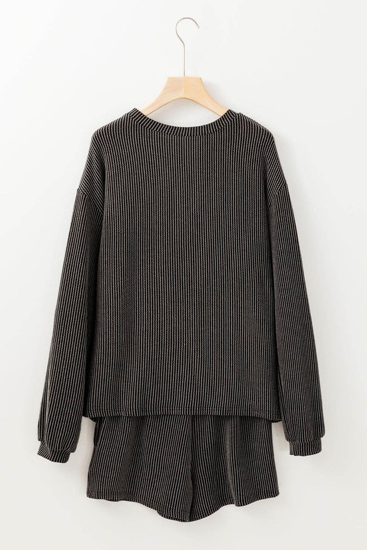 Carbon Grey Corded Knit Long Sleeve Top and High Waist Shorts Set - Fashion Queen -  16