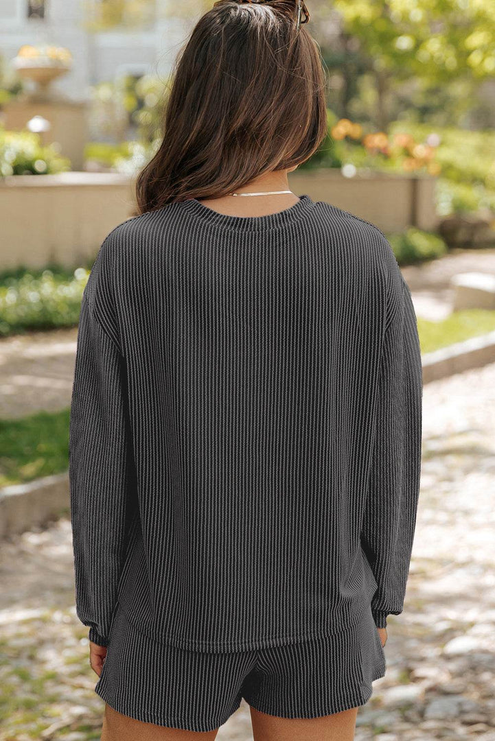 Carbon Grey Corded Knit Long Sleeve Top and High Waist Shorts Set - Fashion Queen -  2