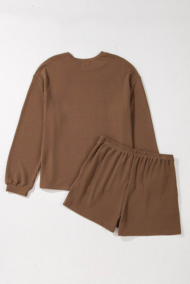 Carbon Grey Corded Knit Long Sleeve Top and High Waist Shorts Set - Fashion Queen -  21
