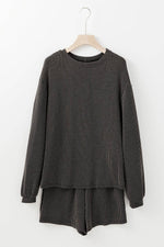 Load image into Gallery viewer, Carbon Grey Corded Knit Long Sleeve Top and High Waist Shorts Set - Fashion Queen -  3
