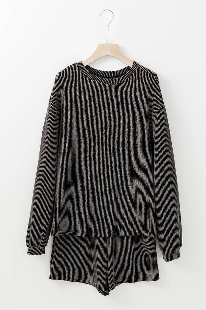 Carbon Grey Corded Knit Long Sleeve Top and High Waist Shorts Set - Fashion Queen -  3