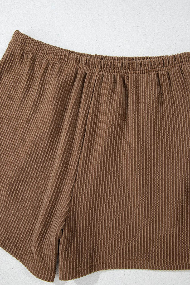 Carbon Grey Corded Knit Long Sleeve Top and High Waist Shorts Set - Fashion Queen -  30