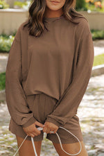 Load image into Gallery viewer, Carbon Grey Corded Knit Long Sleeve Top and High Waist Shorts Set - Fashion Queen -  4

