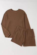Load image into Gallery viewer, Carbon Grey Corded Knit Long Sleeve Top and High Waist Shorts Set - Fashion Queen -  6
