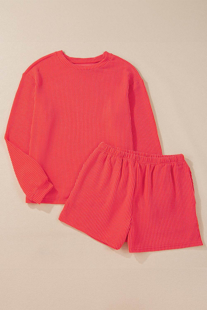 Carbon Grey Corded Knit Long Sleeve Top and High Waist Shorts Set - Fashion Queen -  9