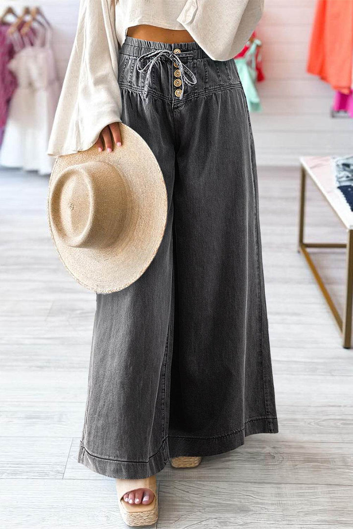 Carbon Grey Mineral Wash Button Fly Waist Wide Leg Jeans - Fashion Queen -  1