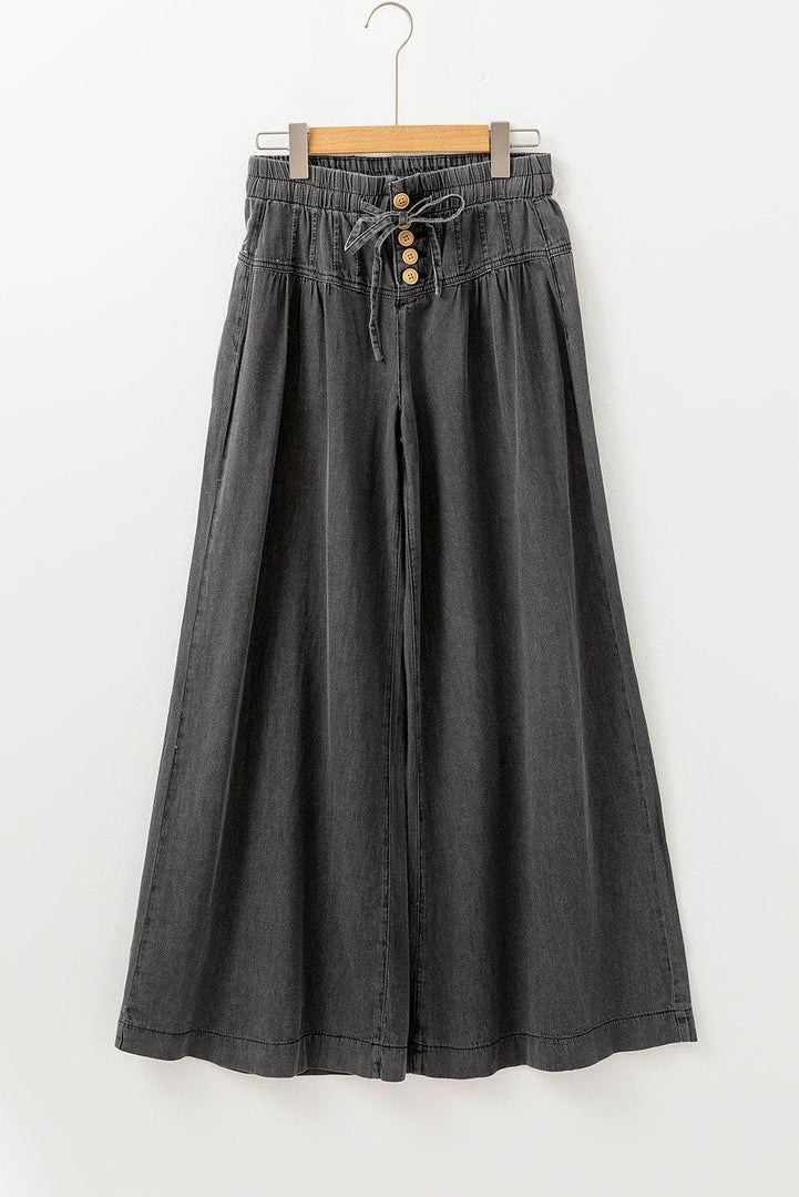 Carbon Grey Mineral Wash Button Fly Waist Wide Leg Jeans - Fashion Queen -  3