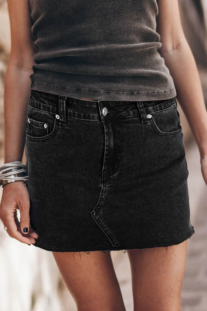 Carbon Grey Mineral Wash Ripped Raw Hem Denim Mini Skirt - Fashion Queen -  1