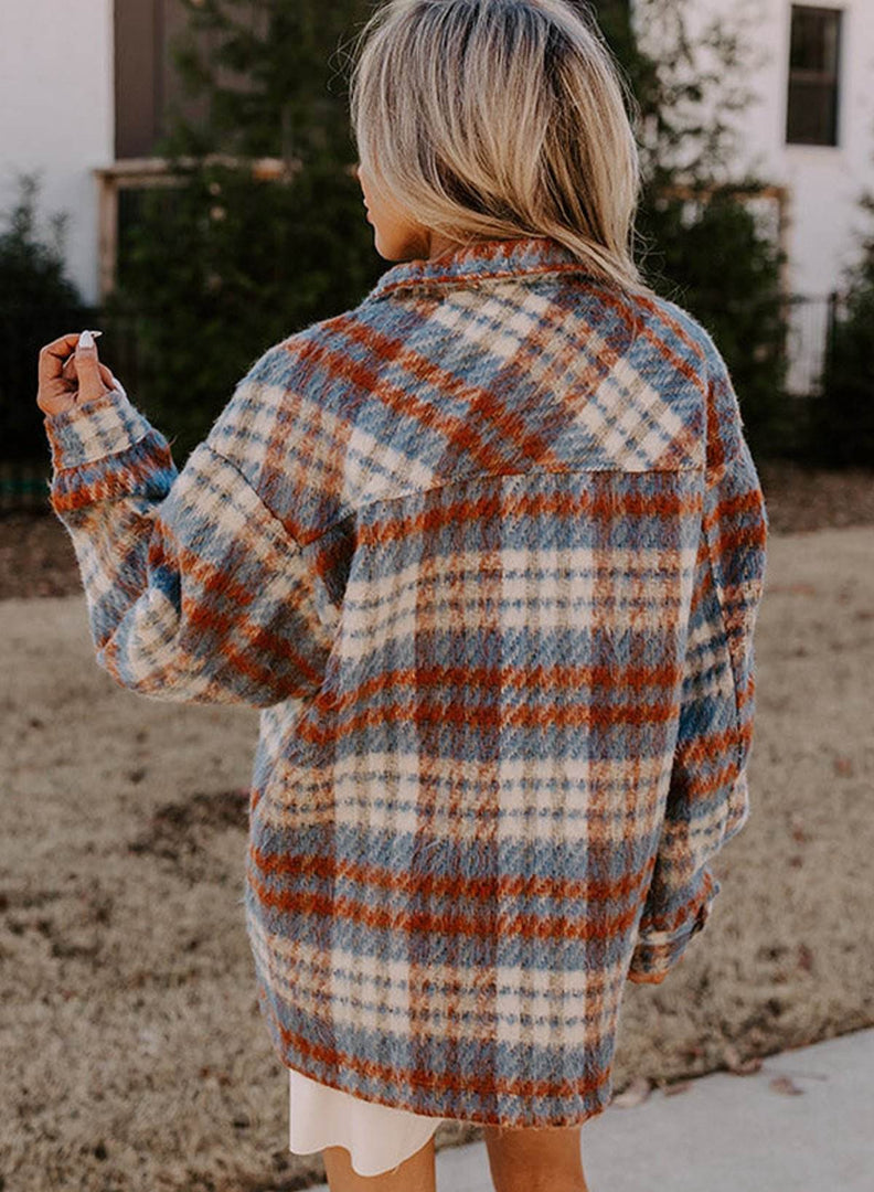 Cinnamon Plaid Print Chest Pockets Turn Down Collar Shacket - Fashion Queen -  10