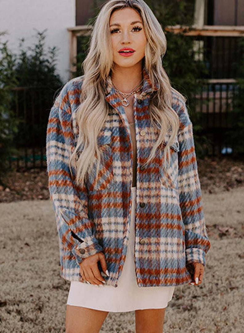 Cinnamon Plaid Print Chest Pockets Turn Down Collar Shacket - Fashion Queen -  11
