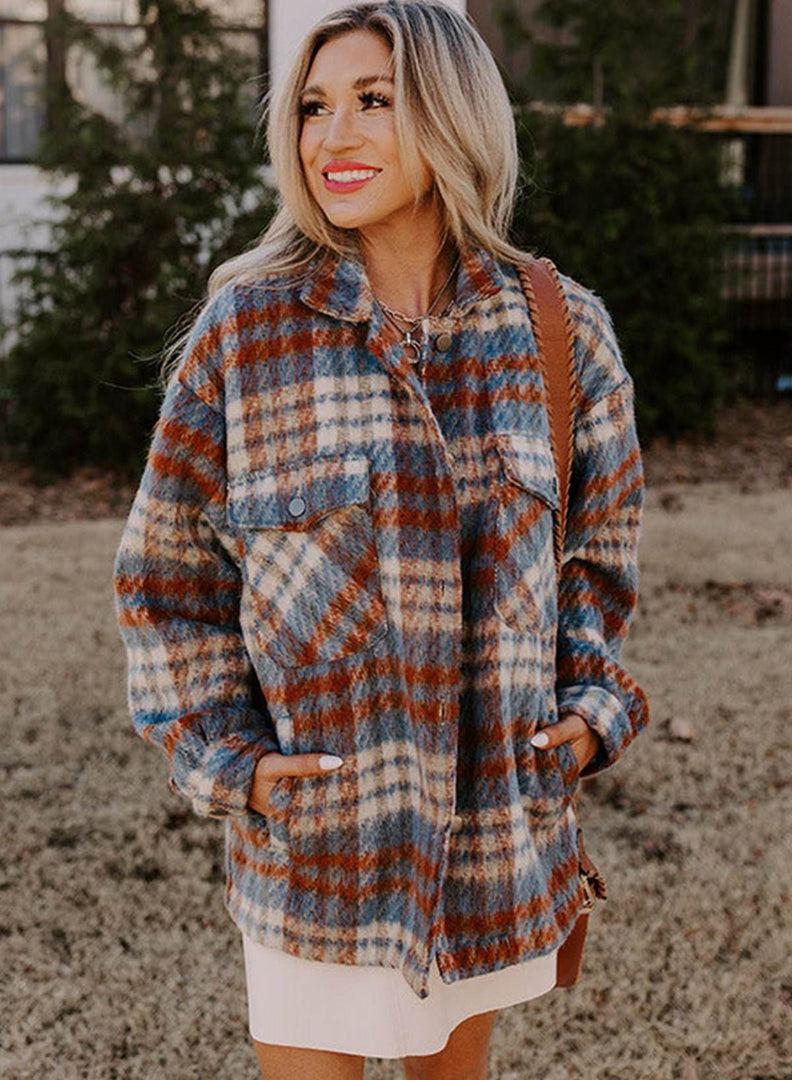 Cinnamon Plaid Print Chest Pockets Turn Down Collar Shacket - Fashion Queen -  13