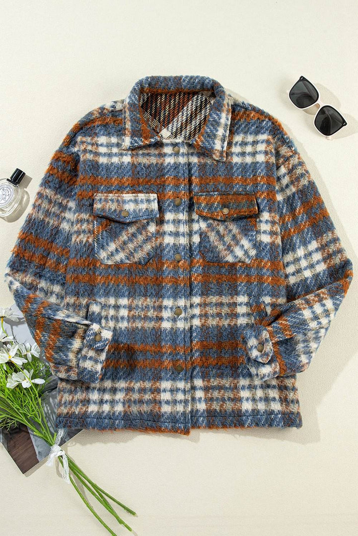 Cinnamon Plaid Print Chest Pockets Turn Down Collar Shacket - Fashion Queen -  14