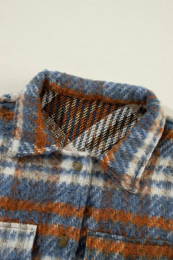 Cinnamon Plaid Print Chest Pockets Turn Down Collar Shacket - Fashion Queen -  17