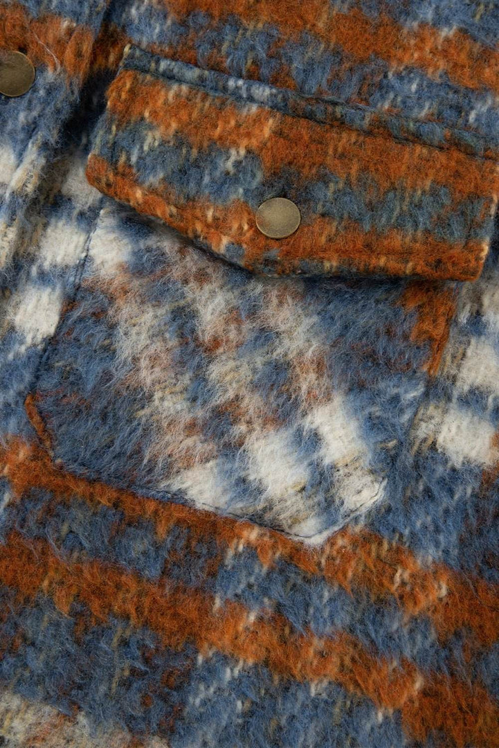 Cinnamon Plaid Print Chest Pockets Turn Down Collar Shacket - Fashion Queen -  18