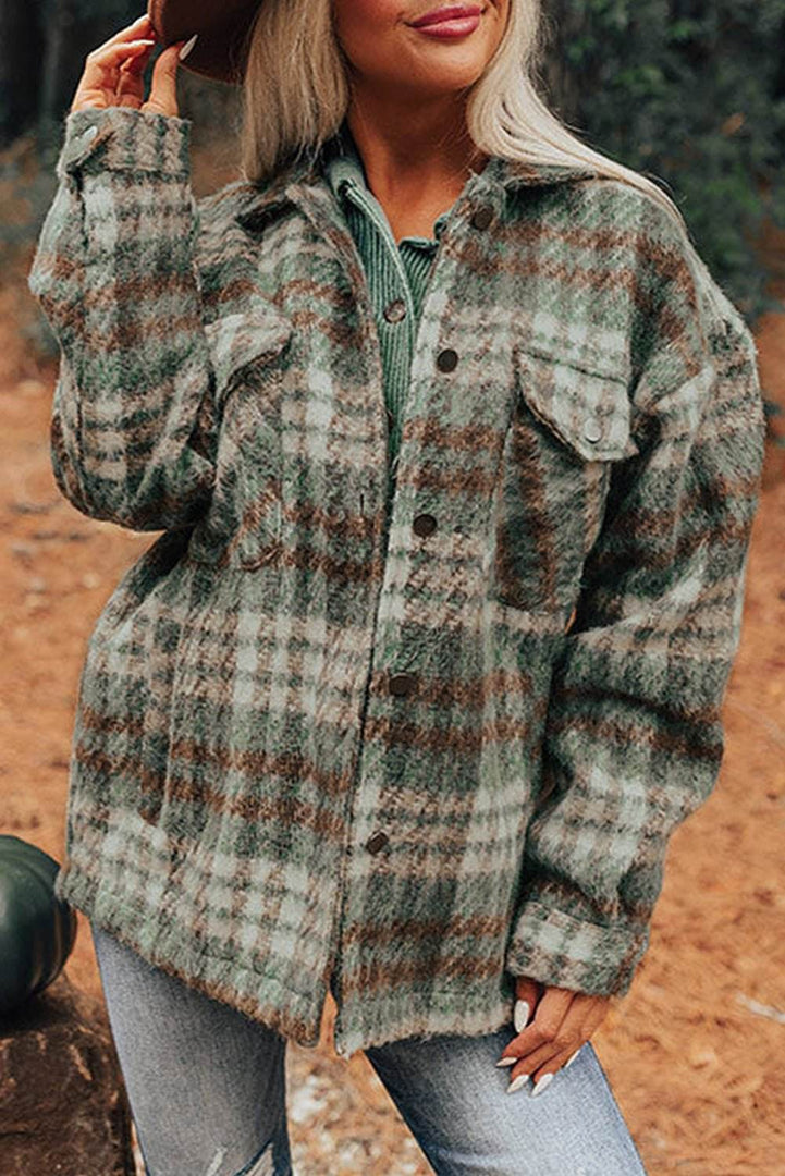 Cinnamon Plaid Print Chest Pockets Turn Down Collar Shacket - Fashion Queen -  24