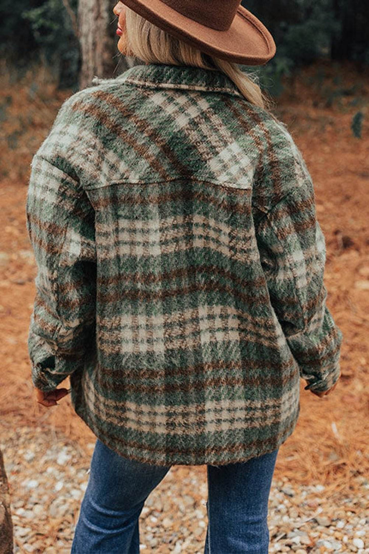 Cinnamon Plaid Print Chest Pockets Turn Down Collar Shacket - Fashion Queen -  25