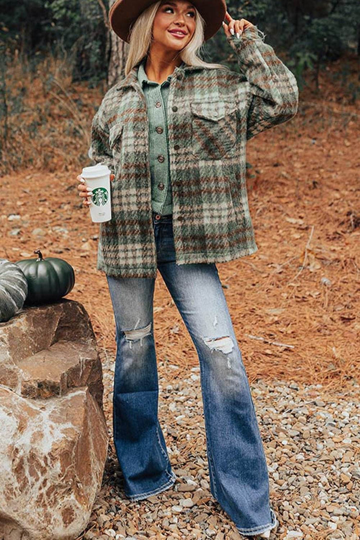 Cinnamon Plaid Print Chest Pockets Turn Down Collar Shacket - Fashion Queen -  28
