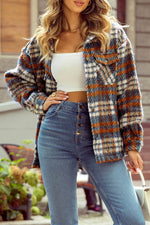 Load image into Gallery viewer, Cinnamon Plaid Print Chest Pockets Turn Down Collar Shacket - Fashion Queen -  8
