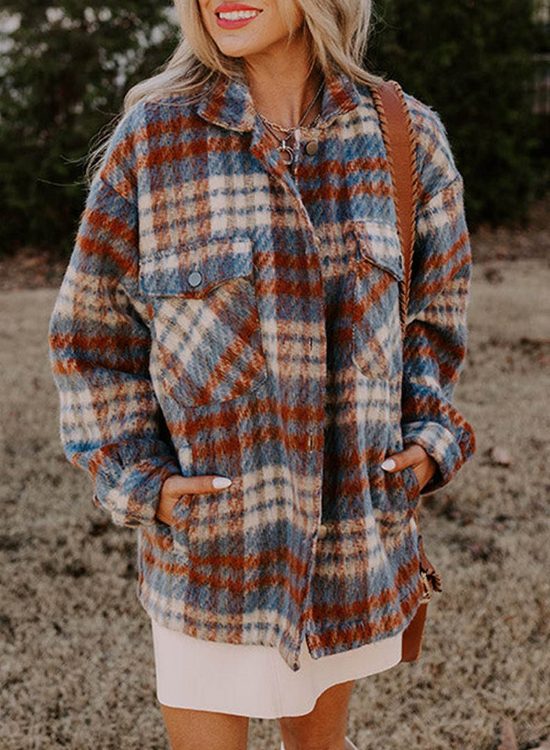 Cinnamon Plaid Print Chest Pockets Turn Down Collar Shacket - Fashion Queen -  9
